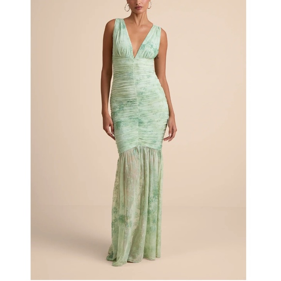 Lulus Jamie Mint Green Floral Mesh Sheer Hem Maxi Dress - Size S - Picture 1 of 4